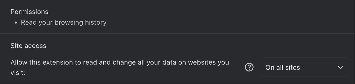 What Chrome shows you when you install the extension. The rest of this section is what each permission actually allows — and the scoping the extension layers on top.